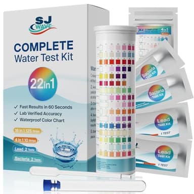 SJ WAVE 22 in 1 Water Test Kits - 125 Strips Drinking Water Test Kit, Home Tap and Well Water Tester for Bacteria pH Hardness Lead Iron Copper Chlorine Cyanuric Acid
