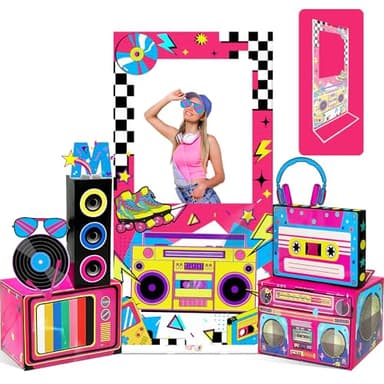 9Pcs 80s 90s Party Decorations Supplies 80s Photo Booth Props Backdrop Kit with Retro Radio Boombox Boxes Vintage 90s Photo Backdrop Hip Hop Music Theme Accessories for Boys Girls Birthday Decor