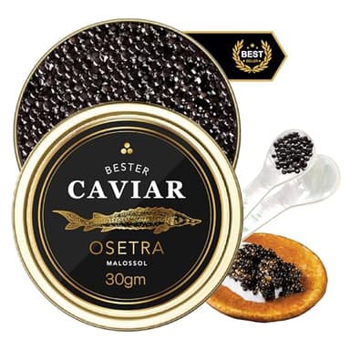 BESTER CAVIAR Premium Osetra Sturgeon Caviar – Traditionally Harvested Malossol Ossetra Black Roe with Mother of Pearl Spoon – Single Tin (1 oz)