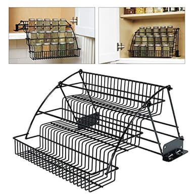 Pull Down Spice Rack for Upper Cabinets, 3-Tier Black Wire Organizer with Screw Mount for Deep Inside Storage