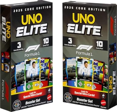 Mattel Games UNO Elite Formula 1 Booster Set 2 Pack with 60 Elite Action Cards, 2025 Core Edition