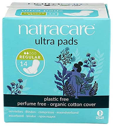 Natracare Slim Fitting Ultra Pads with Wings, Regular, Made with Certified Organic Cotton, Ecologically Certified Cellulose Pulp and Plant Starch (1 Pack, 14 Pads Total)…