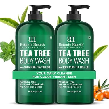 Botanic Hearth Tea Tree Body Wash 16 fl oz (2 Pack) Natural Antifungal & Odor Control Shower Gel for Acne, Athlete’s Foot, Ringworm, Jock Itch, Healthy Skin, Sulfate & Paraben Free, for Men & Women