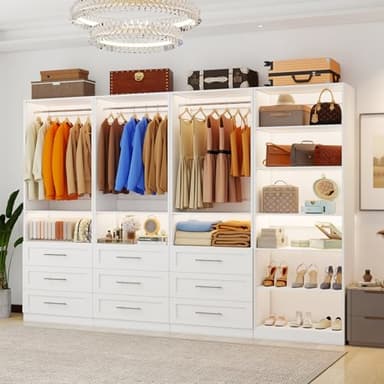 Closet System with 4 Sets, 8FT Closet Organizer Systems with 9 Wooden Drawers 9 Shelves & 5 Hanging Rods, Walk in Closet freestanding Small Corner Modular Closet Storage System White (8FT)