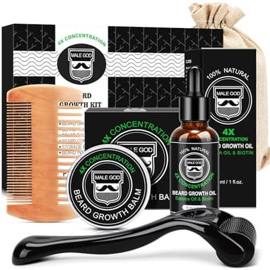 MALE GOD Beard Growth Kit, Beard Kit w/Upgraded Beard Growth Oil - Biotin and Batana Oil, Beard Growth Balm, Beard Massager for Spot/Patchy Beard, Birthday Gifts for Him Boyfriend Husband