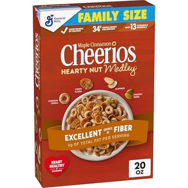 Cheerios Hearty Nut Medley Breakfast Cereal, Maple Cinnamon, Made with Whole Grain, Family Size, 20 oz