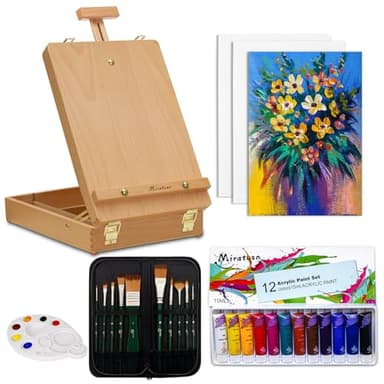 Deluxe Art Supplies 27 Pieces Art Set with Tabletop Easel, 12 Colors Acrylic Paint, 10 Paint Brushes, 3 Canvas Panels, Palettes