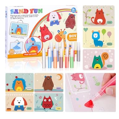 DerzuanAscent Colorful Sand Art Kit Crafts for Kids Ages 4-8,12 Colored Sands,16 Animal Sand Art Pictures - DIY Crafts Set for Girls and Boys,Arts and Crafts for Kids Ages 8-12