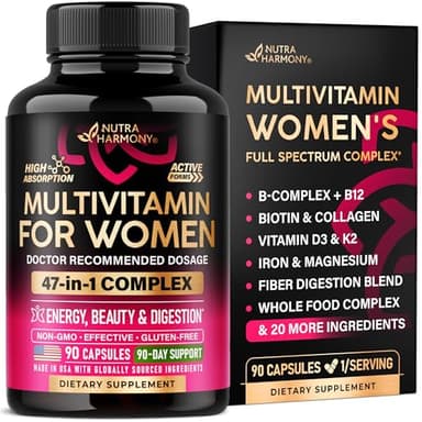 Multivitamin for Women - B-Complex | Whole Foods | Hair Growth Support | Digestion & Metabolism | Iron - 47in1 Womens Multivitamin - Bioavailable & Gentle on Stomach - Made in USA - 90 Capsules