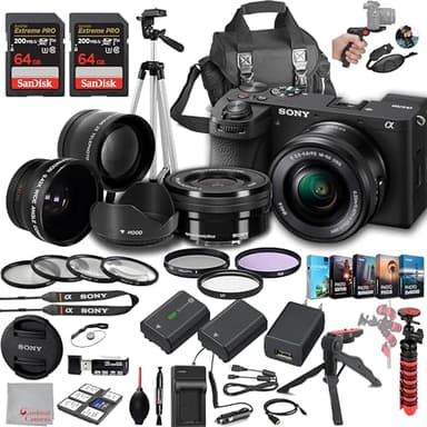 Sony a6700 Mirrorless Camera with 16-50mm Lens, 128GB Extreme Speed Memory,.43 Wide Angle & 2X Lenses, Case,Tripod, Filters, Hood, Grip,Spare Battery & Charger,Editing Software Kit -Deluxe Bundle