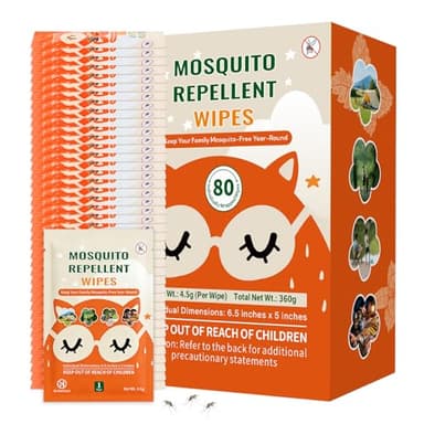 80 PCS Mosquito Repellent Wipes, Individually Wrapped Insect Repellent Wipes Made of Natural Plant-Based Essential Oils, Safe & Effective Insect Protection Perfect for Outdoor Activities, Long-Lasting
