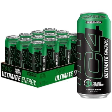 C4 Ultimate Zero Sugar Energy Drink, Tri-Stim Experience with 300mg Caffeine + TeaCrine + Dynamine, Electric Sour Apple, 16oz (Pack of 12)