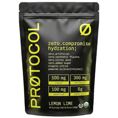 Protocol Organic Electrolyte Powder - Clean Electrolytes - Lemon Lime - Sugar Free Hydration Drink Mix | 500mg Sodium, 300mg Potassium, 100mg Magnesium - No Citric Acid, No Artificial Flavor