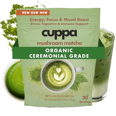 Cuppa Matcha with mushrooms, adaptogens & superfoods - Lion's Mane, Ashwagandha, Cordyceps, MCT, & Prebiotic Fiber to support natural energy, mental focus & gut health (30 Serving)