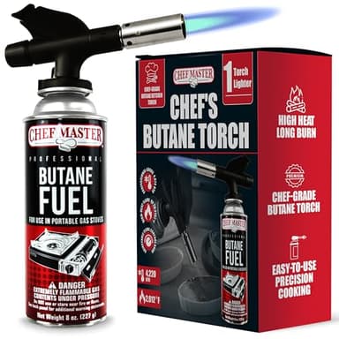 Chef's Torch, Kitchen Torch, Cooking Torch, Refillable Butane Torch Lighter w/ Adjustable Flame for Searing Steaks, Creme Brulee, Desserts, BBQ, Baking, Craft by Chef Master 90014(Butane Not Included)