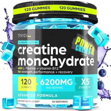 Creatine Monohydrate Gummies Complex 6200mg for Men & Women - 120 Gummies Advanced Formula W/L-Taurine + Vitamin B12 for Muscle Strength, Muscle Builder, Energy Boost, Pre-Workout Supplement - Thinbi