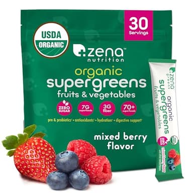 Zena Nutrition Organic Super Greens Powder, 70+ Superfoods, 0 Sugar, 3g Fiber, Spirulina, Chlorella, Mushrooms, Prebiotics/Probiotics, Digestive Enzymes, Gut Health, Mixed Berry, 30 Drink Mix Packets