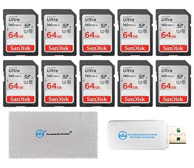 SanDisk 64GB 10 Pack Memory Card SD Ultra UHS-I Class 10 (SDSDUNB-064G-GN6IN) Bundle with (1) Everything But Stromboli SDXC & MicroSD Card Reader & (1) Everything But Stromboli Micro Fiber Cloth