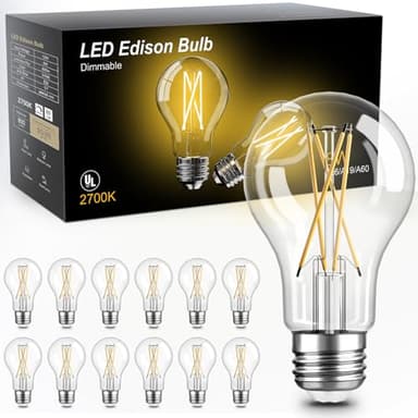 TJOY 12 Pack A19 Vintage LED Edison Bulbs, Dimmable, 60W Equivalent, High Brightness 2700K Warm White, 8W E26 Standard Base, 800 Lumens, CRI80+, Clear Glass Filament Bulb for Home, Farmhouse