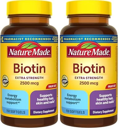 Nature Made Biotin 2500 mcg Extra Strength, Biotin Supplements Support Healthy Hair Skin & Nails, 150 Softgels, 150 Day Supply, (Pack of 2)