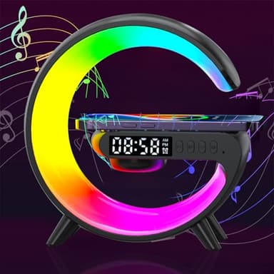 FuyoSegen Wireless Speaker Charger Light,LED Bedside Lamp 4-in-1 Alarm Clock,Mood Light,Speaker & Wireless Charger,G-Shaped Atmosphere Lamp RGB Colour Changing Lamp for Bedroom,Birthday Gifts(Black)
