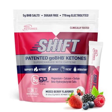 Real Ketones BHB Exogenous Ketones Drink Mix Packets Keto Electrolytes Powder Packets No Sugar with 4 Main Fasting Electrolytes Plus Hydrating Patented Keto BHB - 30 Count Mixed Berry Caffeine