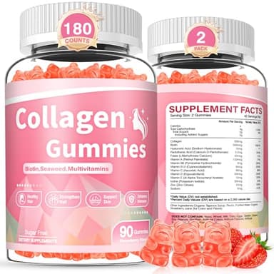 WyuuKi 180 Count Collagen Gummies Collagen Protein Type I II III V X with Biotin Vitamin C A B D E Keratin Hyaluronic Acid for Hair Skin Nails Joint Immune Digestion Women Men Sugar Free Strawberry