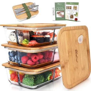EcoPreps Glass Bento Box Containers with Bamboo Lids, 3 Compartment Glass Meal Prep Containers (3 Pack) - 100% Plastic Free, Eco-Friendly Lunch Container Set, Bamboo Lid Bento Boxes for Adults