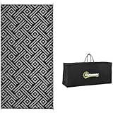 Outsunny Reversible Outdoor Rug, 9' x 18' Waterproof Plastic Straw Floor Mat, Portable RV Camping Carpet, Large Floor Mat for Backyard, Deck, Picnic, Beach, Black & Gray Geometric