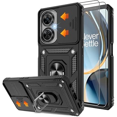 Gritup Fit for OnePlus Nord N30 5G Case with Slide Camera Cover & Screen Protector (2 Pack), Build in 360° Rotating Ring Kickstand [Military Grade] Protective Case for Nord N30 5g Case, Black