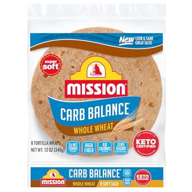 Mission Carb Balance Soft Taco Whole Wheat Tortillas, Medium Size, 8 Count, Low Carb, Keto, Whole Grains, High Fiber, No Sugar