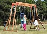 Dolphin Playground Wood Swing Sets for Backyard with Monkey Bar, Kids Outdoor Play Equipment, Outdoor Playset for Kids with Trapeze Swing Bar and 2 Belt Swings, Heavy Duty Playground Accessories