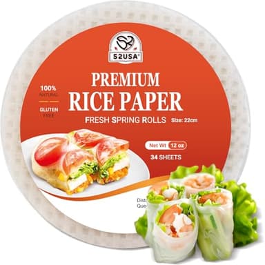52USA Rice Paper, 1 Pack, 34 Sheets, Gluten-Free Wonton Wrappers, Vegan, Low Carb, Vietnamese Rice Wraps (Round, 22cm)