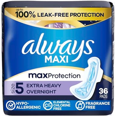 Always Maxi Overnight Pads with Wings for Women, Size 5, Extra Heavy Overnight Absorbency, Unscented, 36 Count