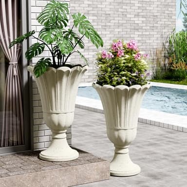 FONTOI 23" Tall Plastic Urn Planter (2-Pack) – Planters for Outdoor Plants with Drainage Holes & Petal Design, Heavy-Duty Classic Indoor Large Flower Pots for Home Garden, Front Porch & Decor, White