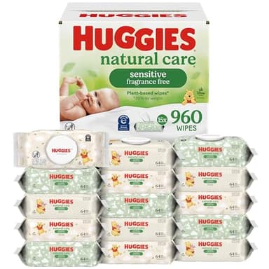 Huggies Natural Care Sensitive Baby Wipes, Unscented, Hypoallergenic, 99% Purified Water, 15 Flip-Top Packs (960 Wipes Total)
