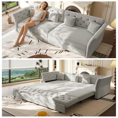 XOCN 100" King Size Sleeper Sofa Bed, 3-in-1 Convertible Pull Out Chesterfield Sleeper Couch, Oversized Velvet Flower Button Tufted 4-Seat Sofa for Living Room Apartment, Grey