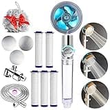 Hydro Jet High Pressure Shower Head Handheld Turbo Fan Shower Kit with Replacement Hose/Bracket/Cotton Filters and Bath Loofah, 3 Water Panels for Different Experience-Clear Blue
