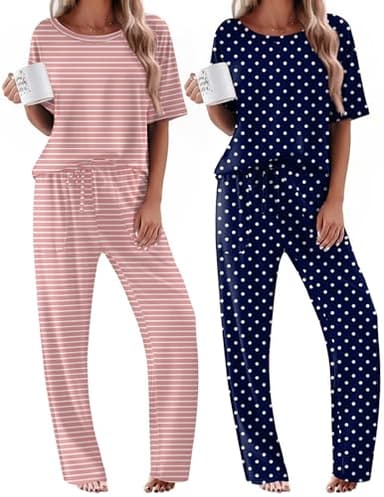 Ekouaer Loungewear Sets Woman Short Sleeve Pajamas Cute Tops and Long Pants Pjs Set Travel Outfits,XXL