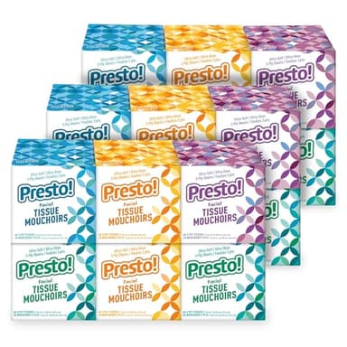 Amazon Brand - Presto! Ultra-Soft 3-Ply Premium Facial Tissues, Colorful Boxes, 1188 Count (18 Packs of 66), (Packaging May Vary)