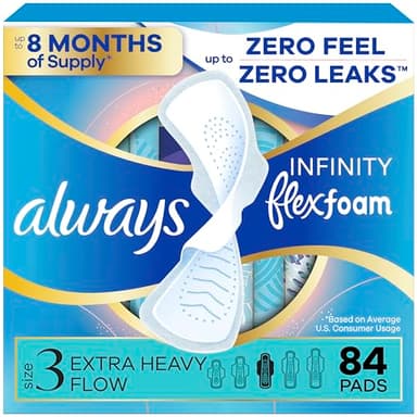Always Infinity Feminine Pads for Women, Flexfoam Pads with Wings, Size 3, Extra Heavy Absorbency, Unscented, 84 Count (3 Packs of 28)
