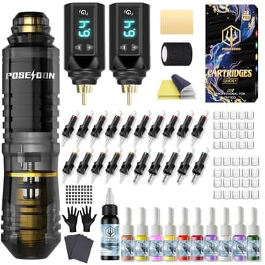 POSEIDON Tattoo Pen Kit Tattoo Gun Kit with 2pcs Tattoo Batteries Tattoo pen kit with 20pcs Tattoo cartridge needle tattoo machine kit with 11pcs tattoo ink for beginner