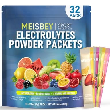 Meisbey Electrolyte Powder Packets – 32 Sticks Sugar Free Hydration Packets, Liquid Daily IV Electrolyte Hydration Powdered Drink Mix with Vitamins & Minerals, Keto Friendly, Vegan, Non-GMO