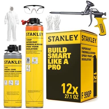 STANLEY F 990P Supercoat Spray Foam Insulation Kit - Closed Cell Spray Foam Covers Up to 240 Sq.Ft.,(11.32 / 2 inch R-Value) - Including Gun, Cleaner, Safety Items - 27.1 oz, 12 Pack