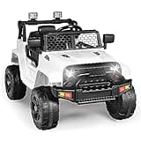 Kinder King 12V Kids Ride on Car Truck, Battery Powered Electric SUV w/ 2.4G Remote Control, Spring Suspension, 3 Speeds, 2 Motor, Double Open Doors, Music, Horn, LED Lights, Safety Belt, USB, White