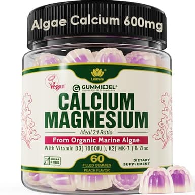Plant Based Calcium Gummies 600mg with Vitamin D3 K2, Magnesium, Zinc for Bone Strength, Sugar Free Calcium Supplements for Women & Men (Certified Vegan) from Sustainably Organic Red Algae - 60 Counts