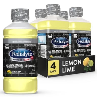 Pedialyte AdvancedCare Plus Electrolyte Hydration Drink | Has 33% More Electrolytes and Has PreActiv Prebiotics | Lemon Lime | 1 Liter, Pack of 4