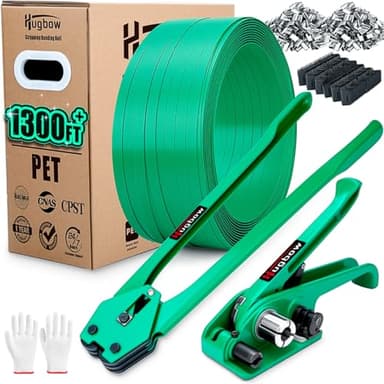 Hugbow Banding Strapping Kit, Heavy Duty Pallet Packaging Kit with >1500lbs 5/8" x 1300' PET Strapping Roll, 300 Metal Seals, 100 Corner Protectors, Strapping Tensioner, Banding Sealer Tool