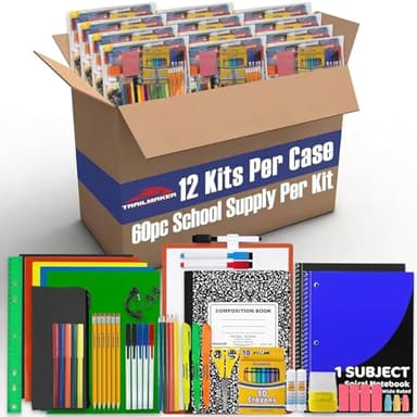 Trail maker Bulk Back to School Supplies 60 Piece Bundle Kits for Girls, Boys, Kids | Back to School Supply Box Set Includes Notebooks, Folders, Headphones, Ruler, Folders, More (12 Kits)