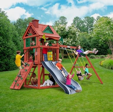 Gorilla Playsets 01-0036-GREY Double Down II Wood Swing Set with Wood Roof, Two Slides, Two Swings, Sandbox Area, Rock Wall, Redwood Stain Color with Grey Slides